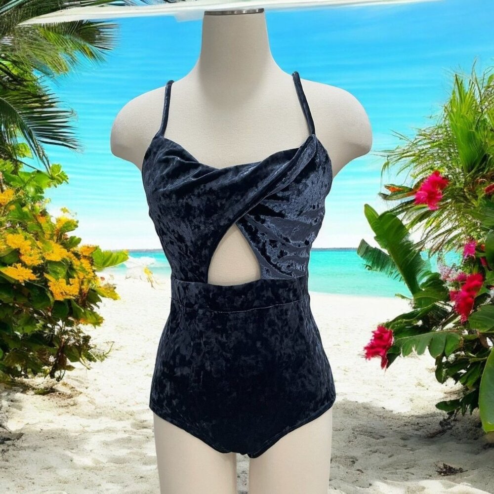 Romwe Womens 6 Velvet Cutout Bodysuit‎ Black Retro Festival Party Concert Street